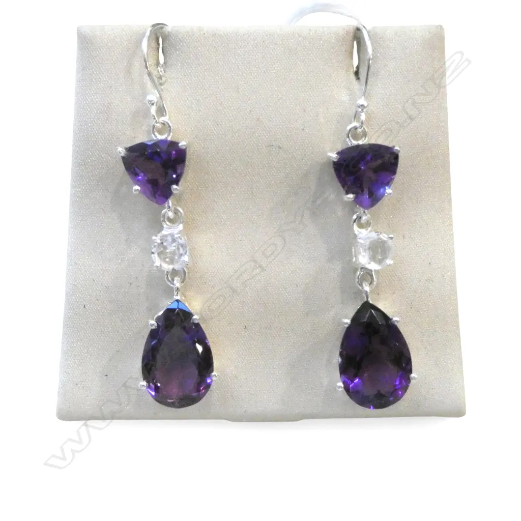 PR SILVER AMETHYST & WHITE TOPAZ EARRINGS Image 1++