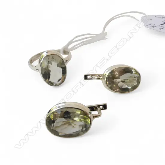PR SILVER & GREEN AMETHYST EARRINGS w omega backs & MATCHING RING