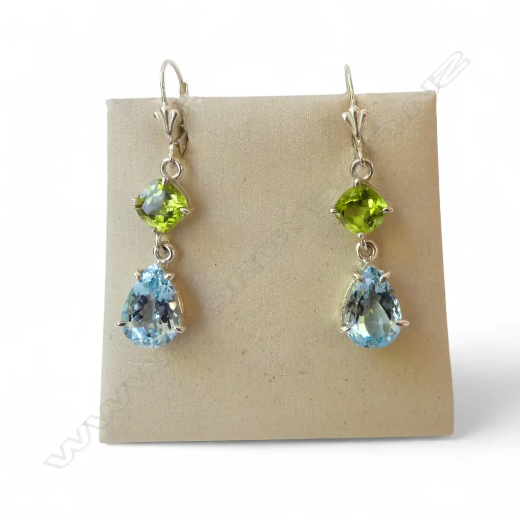 PR SILVER, PERIDOT & BLUE TOPAZ EARRINGS, CONTINENTAL LOCKS Image 1++