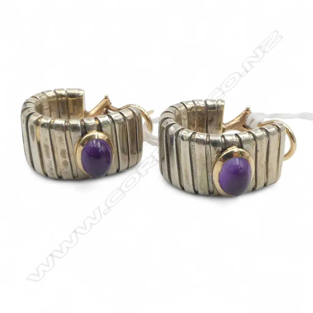 Tubogas stainless steel & 14ct gold & amethyst cabochon earrings Omega backs c.1940's. 13.8gms total Image 1++