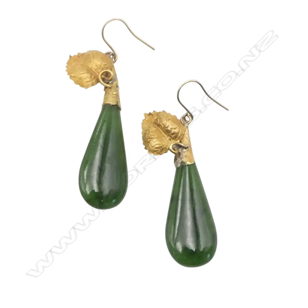 Pair of early colonial 9ct gold and pounamu earrings (old repairs) Image 1++
