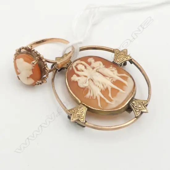 9ct GOLD & CAMEO RING SIZE N & 3 Graces BROOCH 9.58gms
