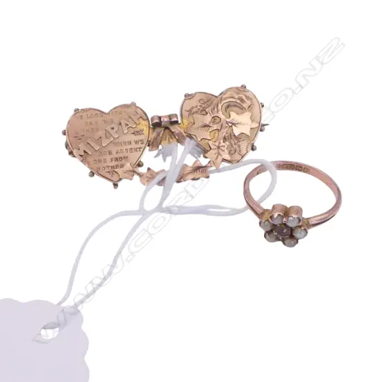 9CT BROOCH & 9CT SEED PEARL? RING, 3.68gms size L