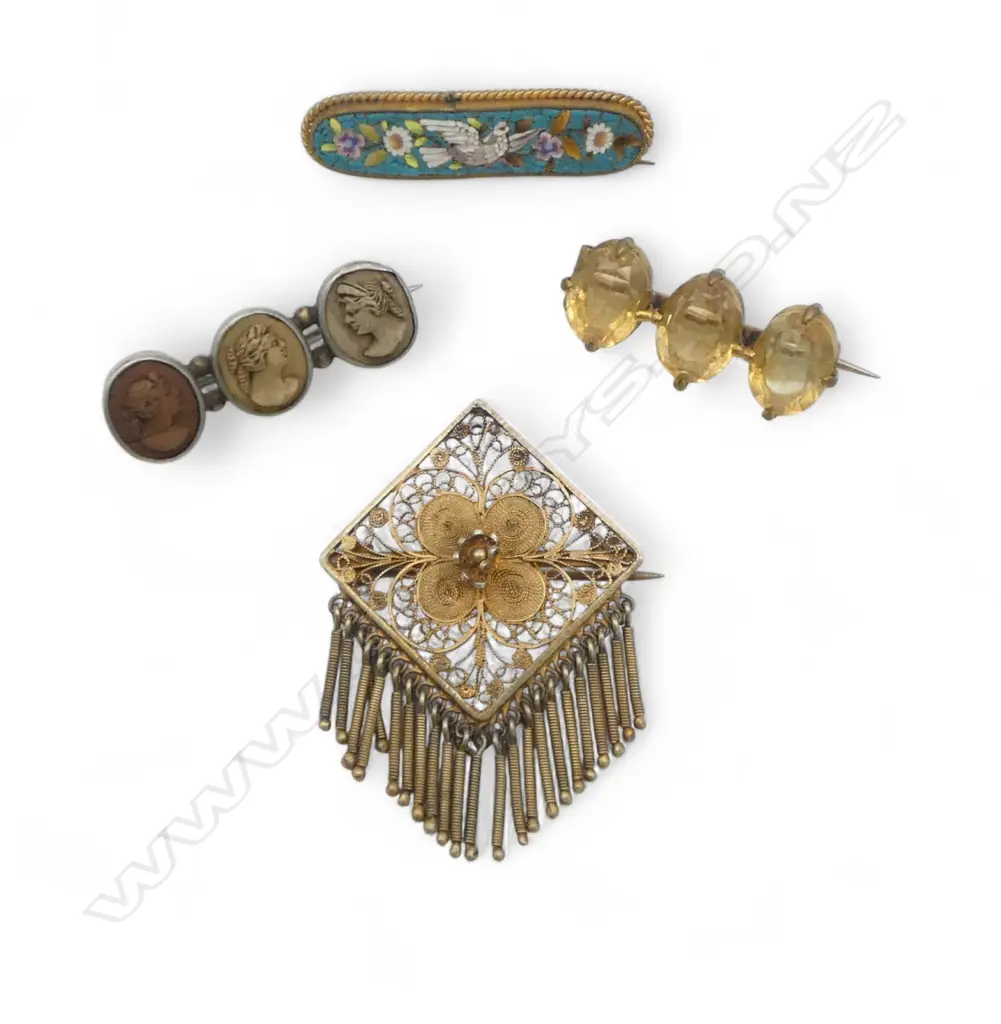 4 ANTIQUE BROOCHES: Micro mosaic + filigree + cameo lava + citrine ?  Image 1++
