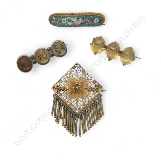 4 ANTIQUE BROOCHES: Micro mosaic + filigree + cameo lava + citrine ? 