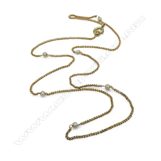 RUSSIAN 14ct GOLD & SEED PEARL NECKLACE L.420mm stamped '56'. 4.2gms CLASP PLATED