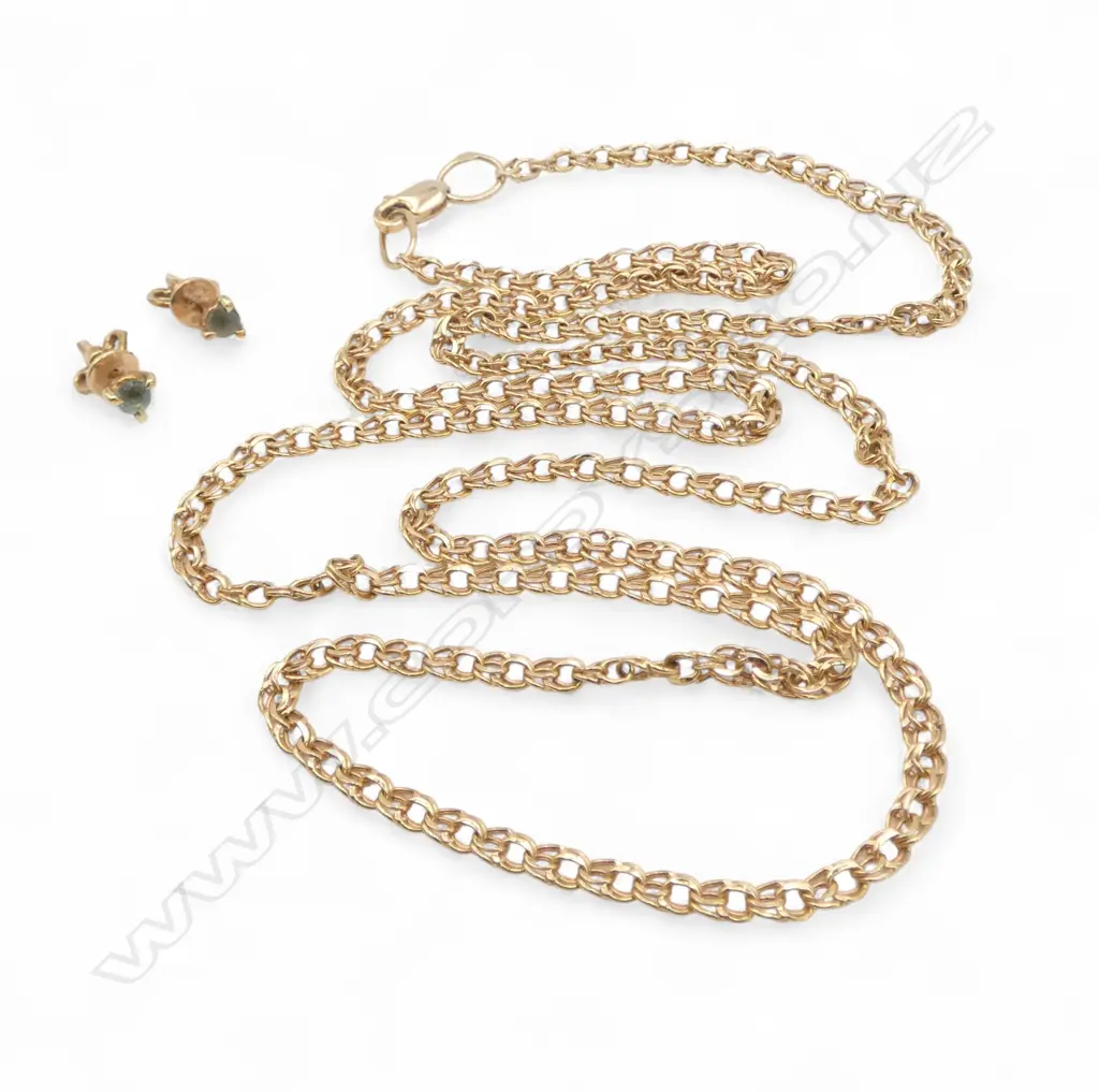 14CT GOLD CHAIN AND PAIR OF AQUA STUD EARRINGS 5.09gms Image 1++