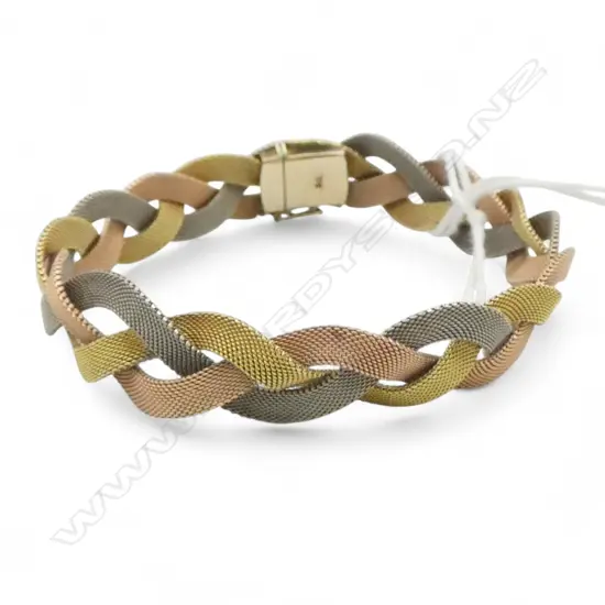 VINTAGE 9ct THREE COLOUR INTER-WOVEN GOLD BRACELET 16gms
