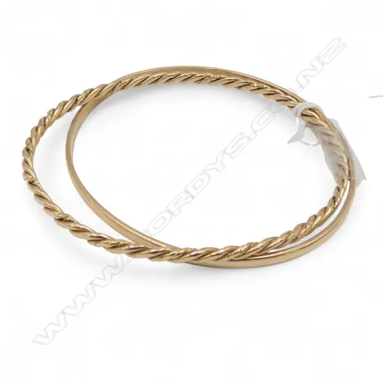18ct gold twist bangle 17.34gms + 14ct gold plain hoop bangle 16gms. NOTE this description has changed
