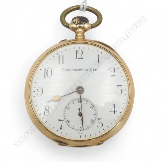 14ct GOLD GENT'S OPEN FACE POCKET WATCH 'Chronometre Lip' cracks to dial. Dust cover plated. 72gms