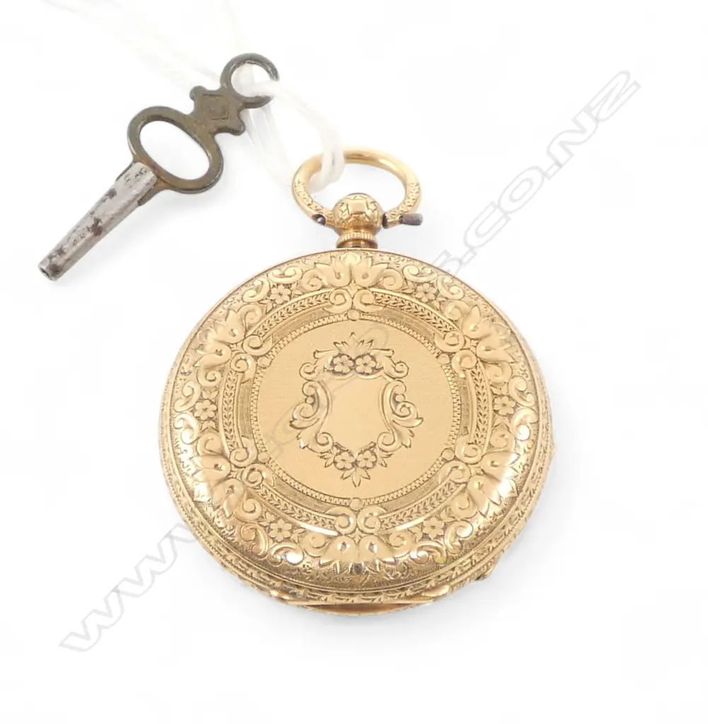 18ct GOLD Baume Swiss 19thC MID-SIZE POCKET WATCH running with key. 40gms Image 1++