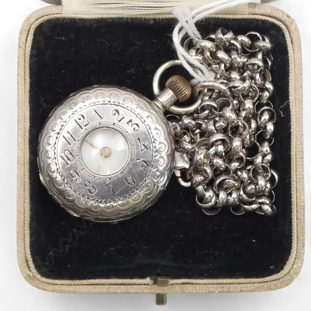STG SILVER LADIES HALF HUNTER POCKET WATCH ON STG SILVER CHAIN TW 51.70gms Image 1++
