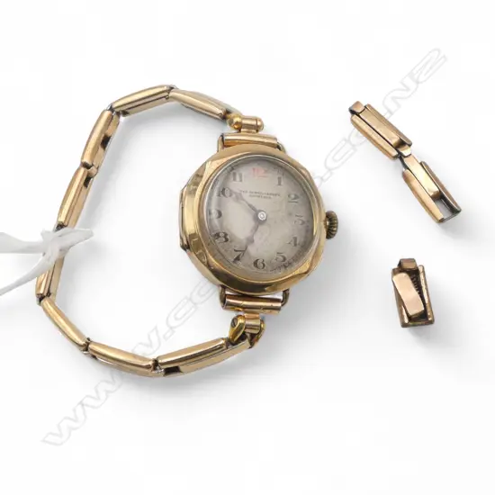 ANTIQUE 9CT WRIST WATCH + PLATED STRAP & STRAP PARTS. 21.9gms total