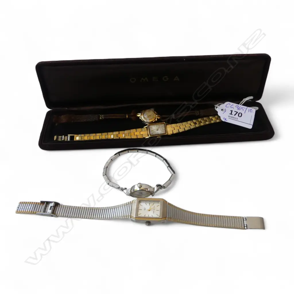4 VINTAGE LADIES WRIST WATCHES INCL. gold plated OMEGA crown loose in box Image 1++