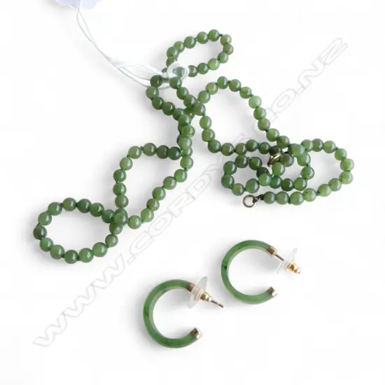 GREENSTONE BEAD NECKLACE L.570mm + PR HOOP EARRINGS