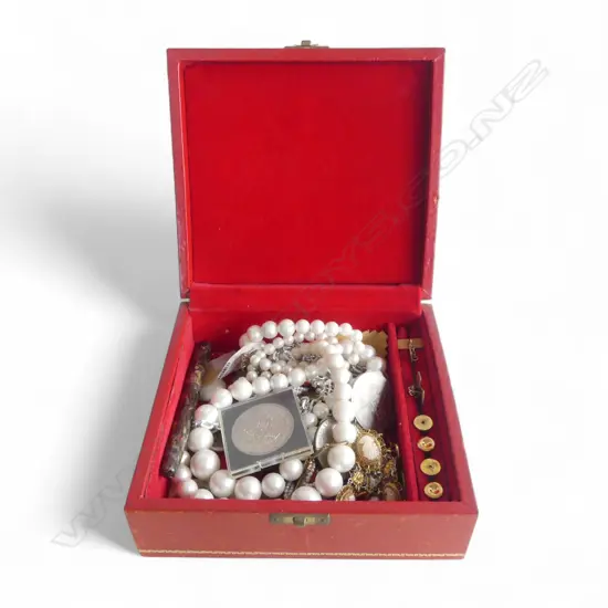 ASST. COSTUME JEWELLERY, COINS, PEN w. 14CT NIB, ALL IN RED LEATHER BOX W.180mm