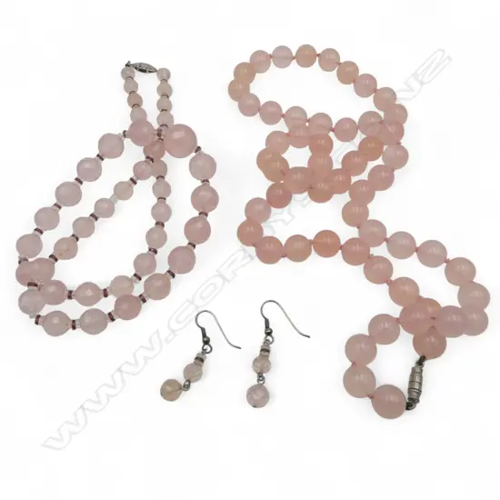 2 VINTAGE ROSE QUARTZ NECKLACES + pr earrings: facetted L.580mm & round L.720mm beads
