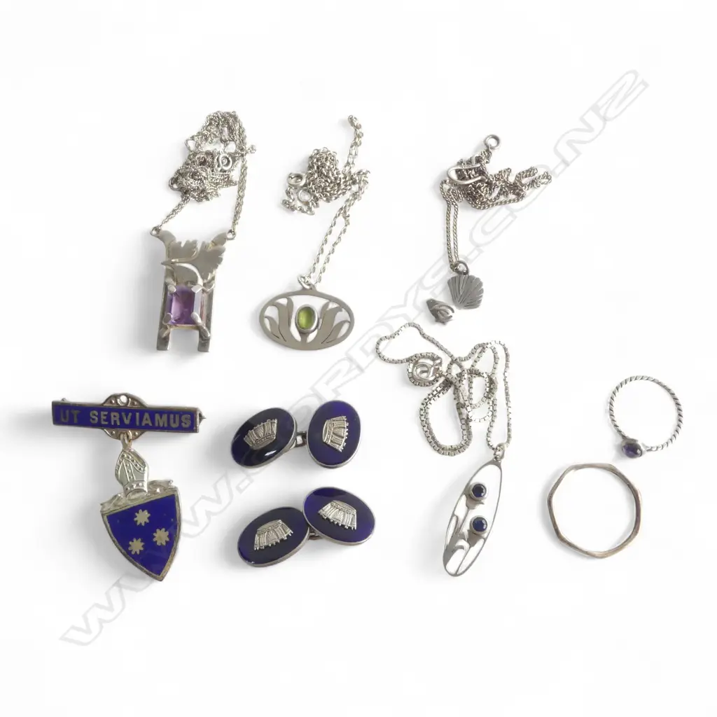 ASST. SILVER NECKLACES, 2 RINGS, PR CUFF LINKS & 'UT SERVIAMUS' BROOCH Image 1++