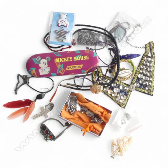 BAG OF ASST. COSTUME JEWELLERY: NECKLACES + EARRINGS + JADEITE ? PENDANT ETC