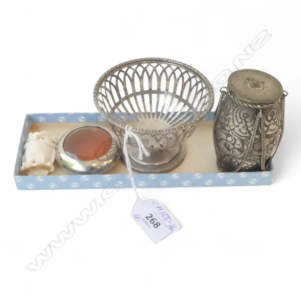 SILVER pierced bonbon BASKET weighted base + SILVER ? DRUM CONTAINER + BONE OWL + WATCH outer CASE Image 1++