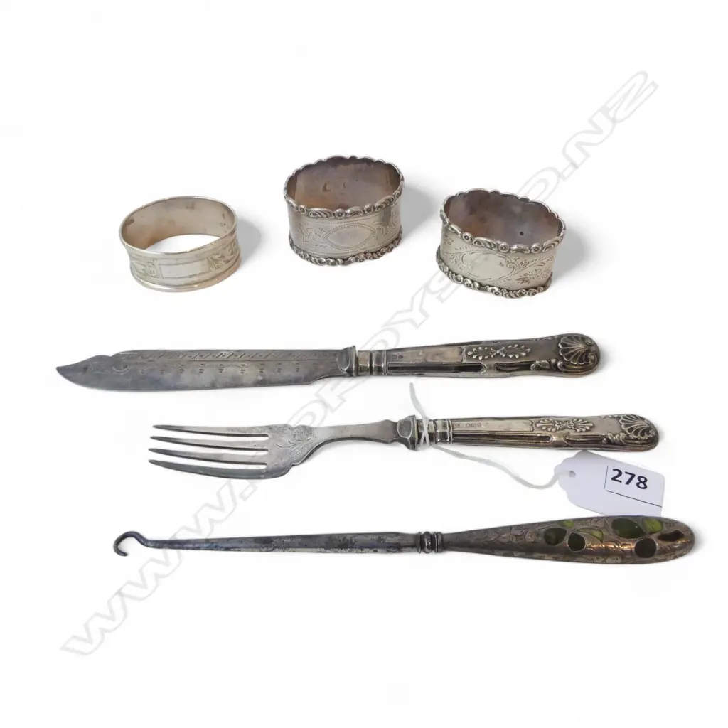 PR + 1 STG SILVER NAPKIN RINGS 70gms, STG SILVER HANDLED K/F & SILVER BOOT HOOK Image 1++