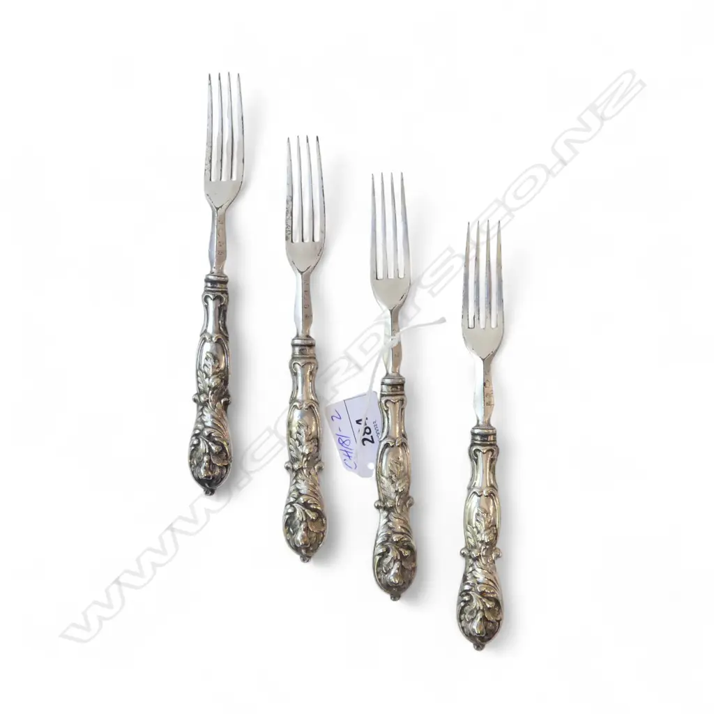 4 SILVER PLATE VICTORIAN FRUIT FORKS embossed handles Image 1++