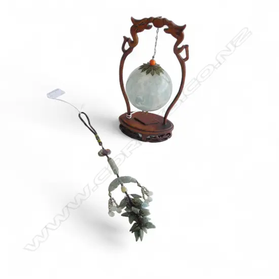 CHINESE INTERNAL PAINTED HANGING  GLASS BALL IN WOOD STAND H220MM & HANGING JADE ORN L270MM