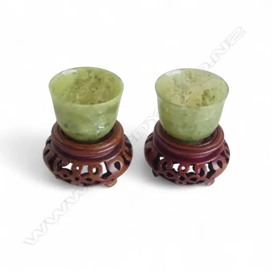 PR CHINESE MINI JADEITE FINELY TURNED CUPS Dia.37mm on carved wood stands