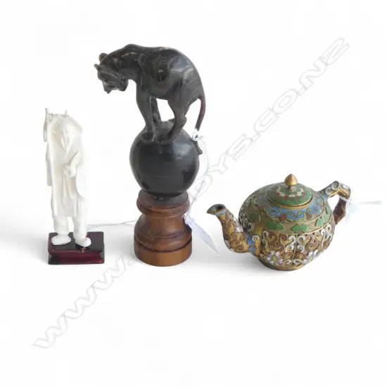 CHINESE IVORY FIGURE H120MM HAND CARVED TIGER ON STAND H160MM & SMALL CLOISONE TEAPOT L120MM