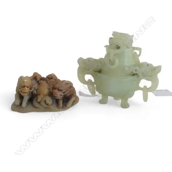 CARVED JADE CENSOR H.95mm + SHOUDHAN STYLE CARVED ORNAMENT
