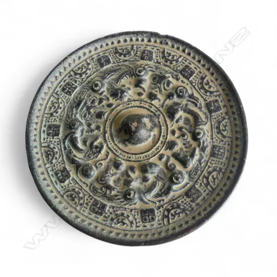 ORIENTAL ARCHAIC STYLE BRONZE MIRROR 95mm dia