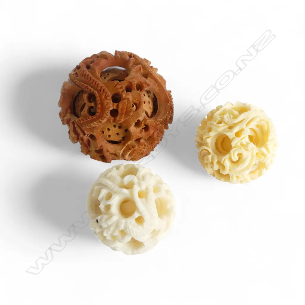 3 CARVED PUZZLE BALLS; WOOD & 2 BONE Image 1++