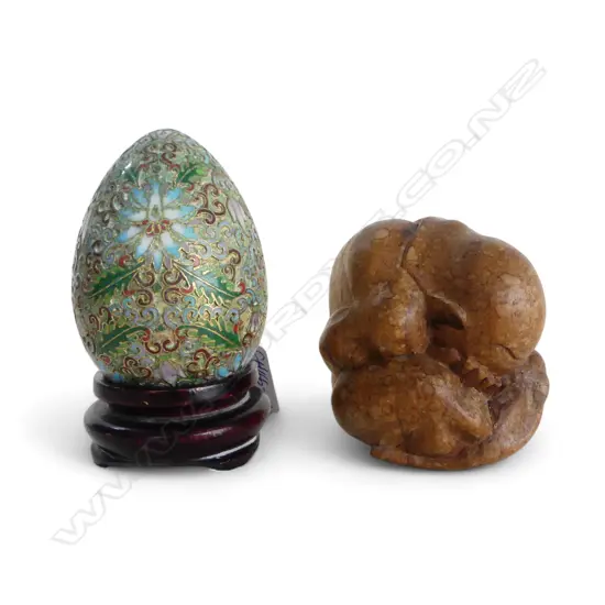 CLIOSONNE EGG ON STAND h.110mm + CARVED CONTORTED FIGURE