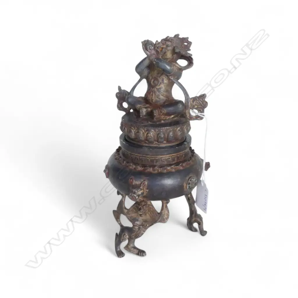 ORIENTAL GILT METAL LIDDED FOOTED CONTAINER H.225mm Image 1++
