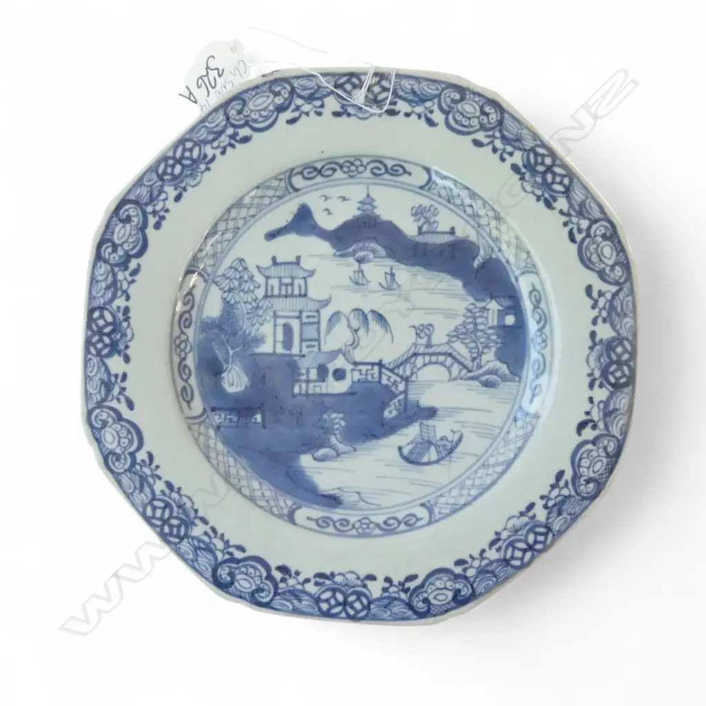 18THC CHINESE EXPORT PLATE w octagonal coastal landscape scene. Tiny glaze frit to rim. L.280mm Image 1++