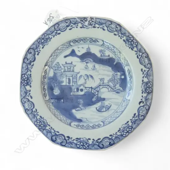 18THC CHINESE EXPORT PLATE w octagonal coastal landscape scene. Tiny glaze frit to rim. L.280mm