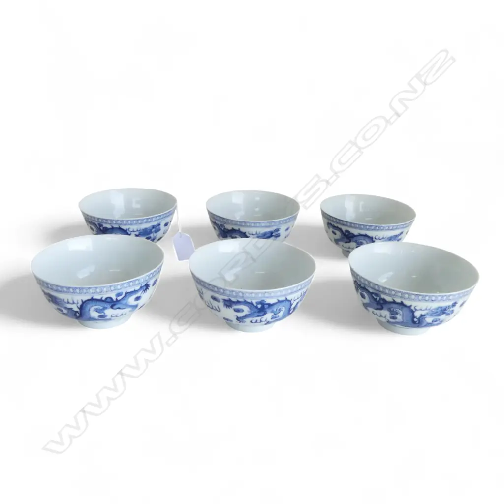 set 6 CHINESE porcelain QIANGLONG MARKED B & W BOWLS 5 claw dragon decoration. Dia.114mm Image 1++