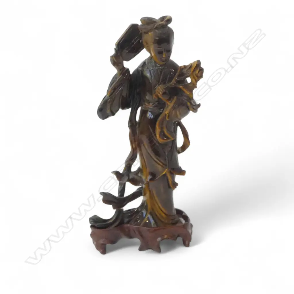 CHINESE CARVED TIGERSEYE FIGURE AF H200MM ON WOOD STAND Image 1++