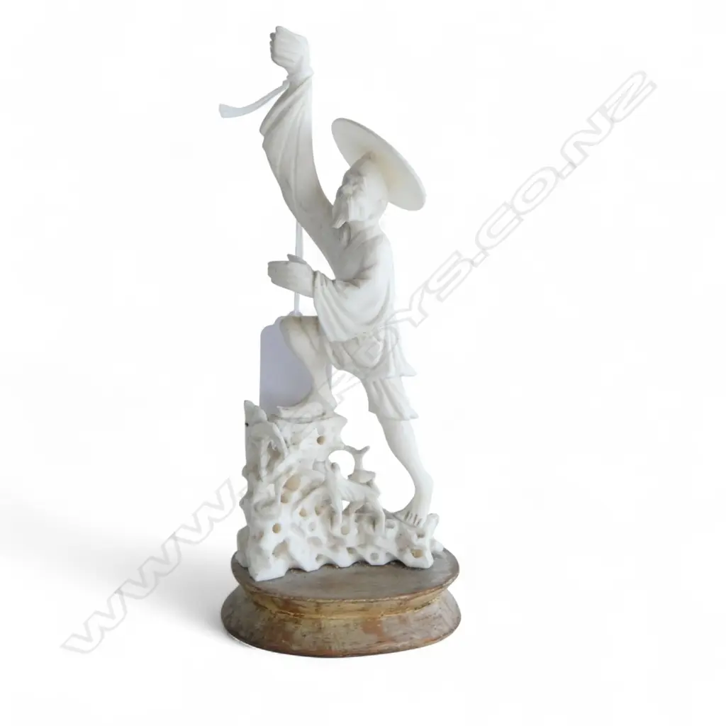 CHINESE IVORY FISHERMAN NO POLE ON WOOD BASE H170MM Image 1++