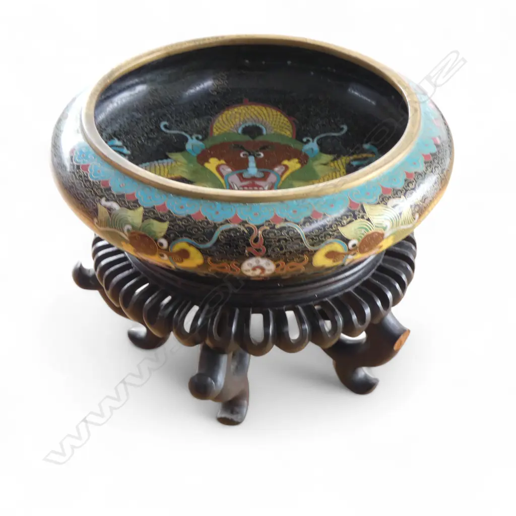 CLOISONNE BOWL w. DRAGON DESIGN 210mm dia on stand w. small loss Image 1++