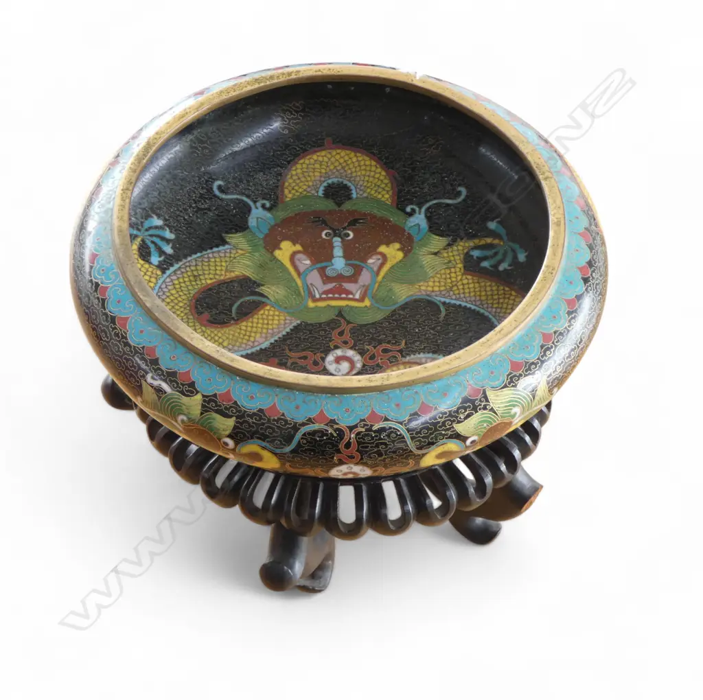 CLOISONNE BOWL w. DRAGON DESIGN 210mm dia on stand w. small loss Image 1++