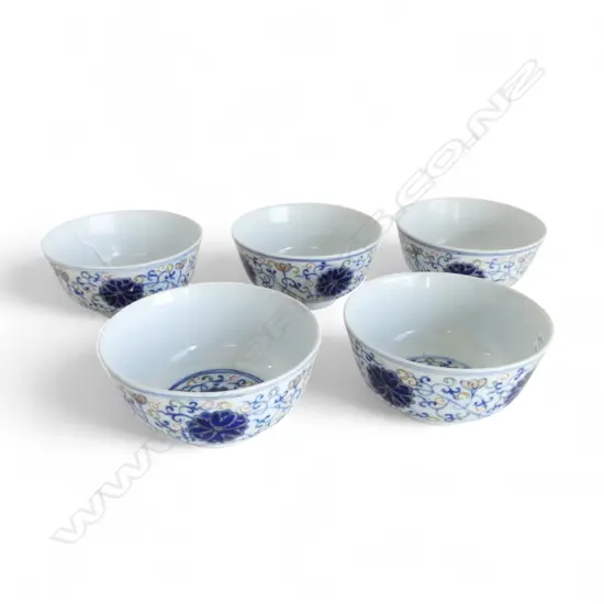 5x CHINESE porcelain GUANXU MARKED BOWLS highly decorated exterior Dia.116mm