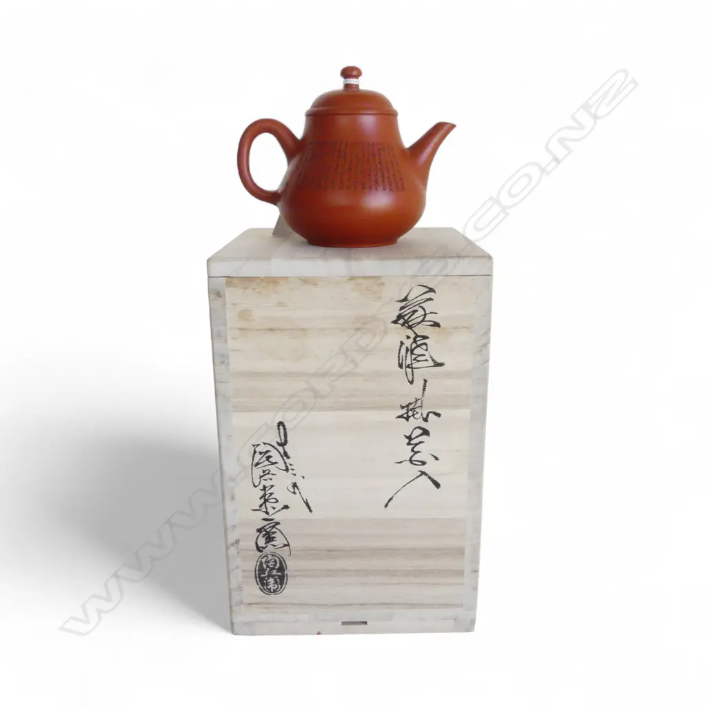 YIXING POTTERY SMALL TEAPOT with fine calligraphy. Faulted. Hair cracks. In tall box Image 1++