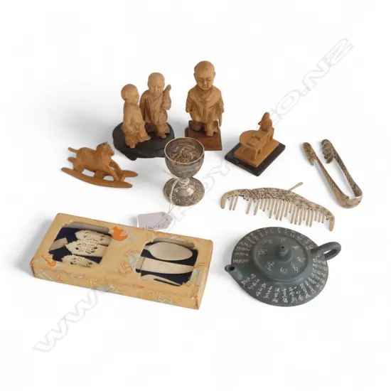 9 ASST. ORIENTAL ITEMS; 4 WOOD CARVINGS, TEAPOT, 3 PCE CUTLERY SET, 3 PCES SILVER TONE METAL