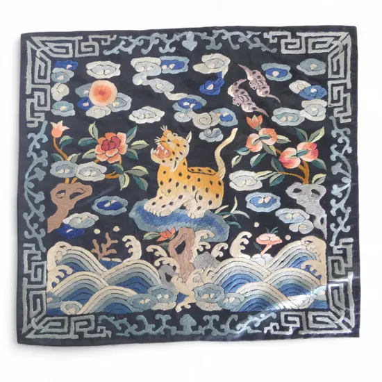 EMBROIDERED CHINESE RANK BADGE tiger perched on blue ground 275x295mm