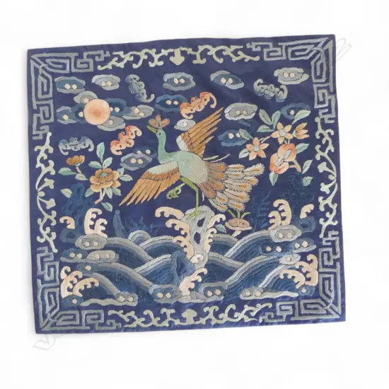 EMBROIDERED CHINESE RANK BADGE crane perched on blue ground 275x295mm