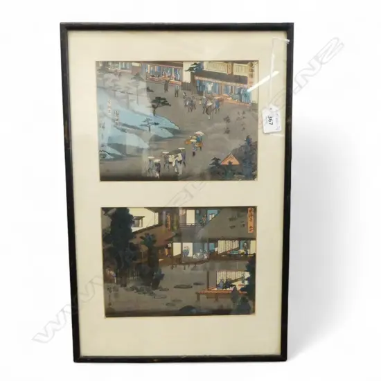 VINTAGE JAPANESE WOODBLOCK DIPTYCH PRINT by Utagawa Hiroshige 'Narumi' & 'Minakuchi' from 53 Stations of the Tokaido