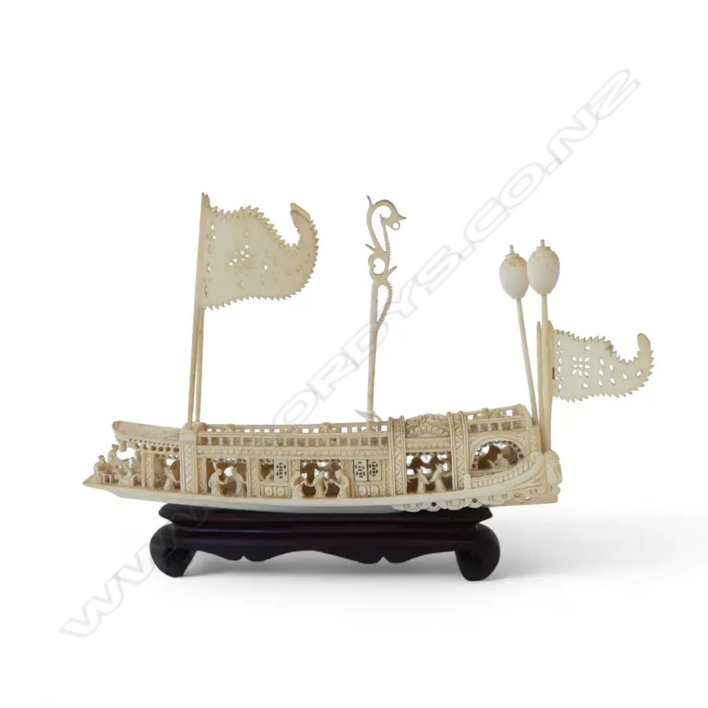 CARVED IVORY CHINESE BOAT ON STAND L250MM Image 1++