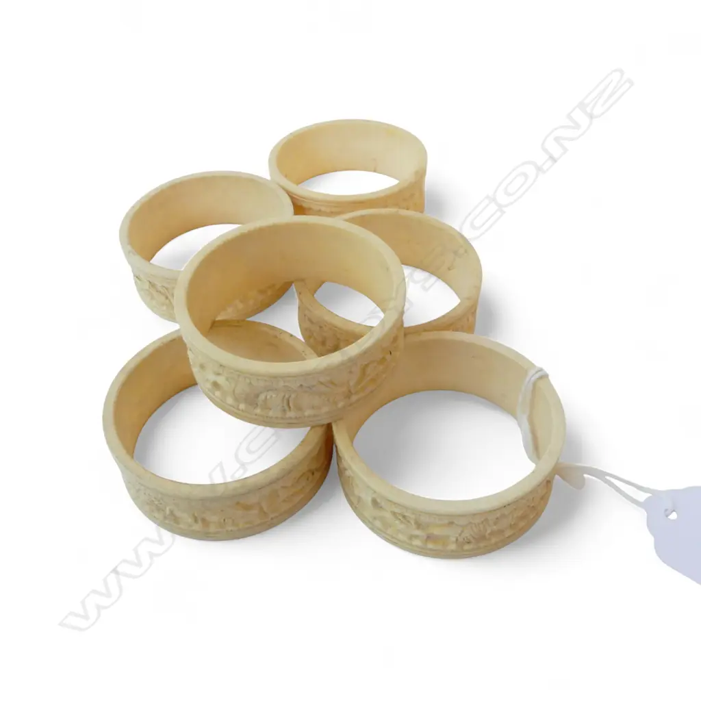 SET OF 6 DRAGON CARVED IVORY NAPKIN RINGS DIA50MM Image 1++