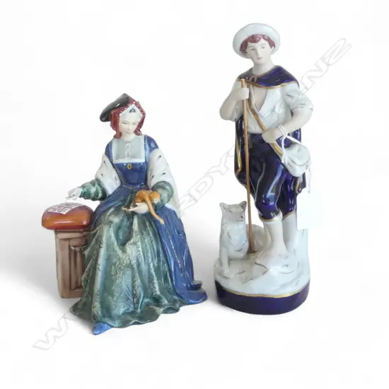 2 FIGURINES; ROYAL DOULTON 'CATHERINE OF ARAGON' #1383, ROYAL DUX SHEPHERD (MISSING CROOK) H.225mm